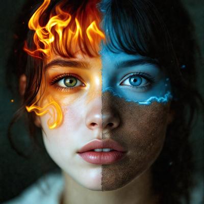 The primary subject of the image is a woman with two different colored eyes, one blue and one yellow. The setting is a dark background, and the visual style appears to be a digital art or illustration. The colors and mood of the image are dramatic and intense, with the woman's eyes being the main focal point.